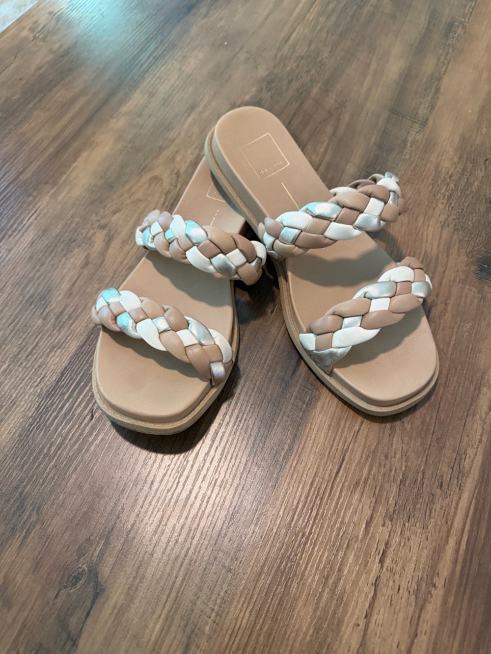 Dolce Vita Two-Strap Braided Slide Sandals — Tan & White